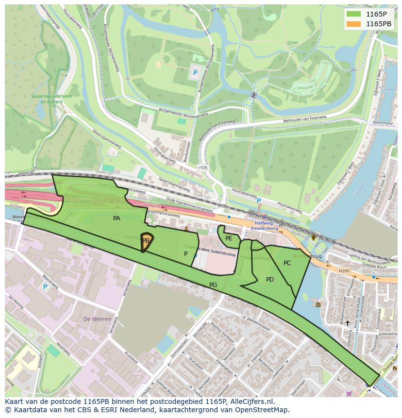Afbeelding van het postcodegebied 1165 PB op de kaart.