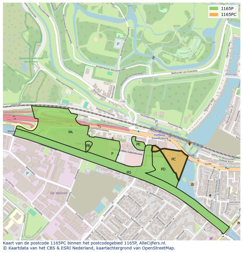 Afbeelding van het postcodegebied 1165 PC op de kaart.