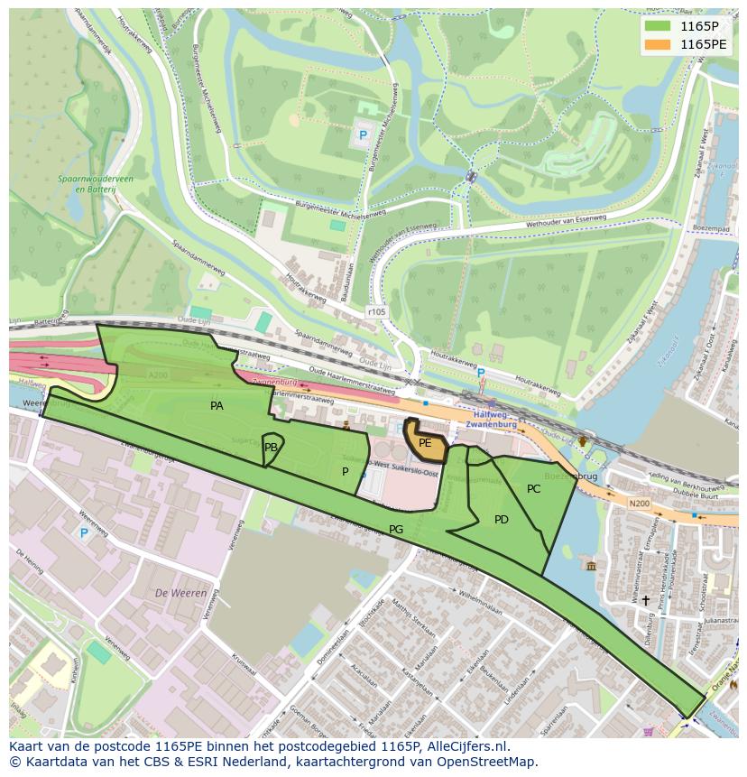 Afbeelding van het postcodegebied 1165 PE op de kaart.