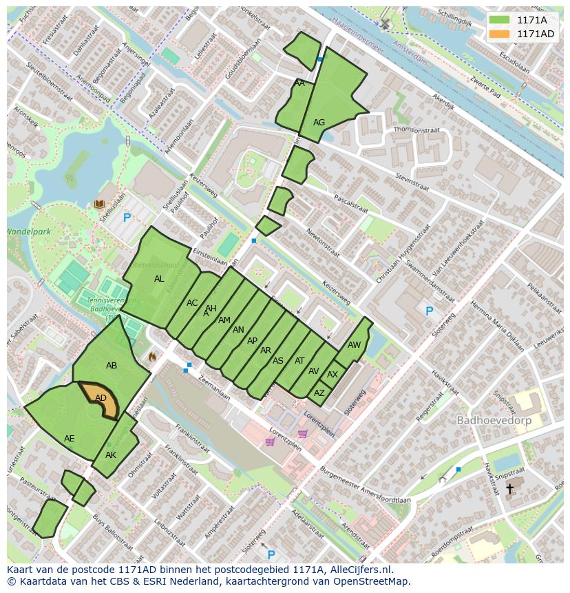 Afbeelding van het postcodegebied 1171 AD op de kaart.