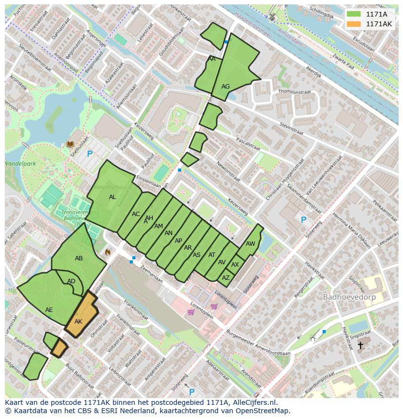 Afbeelding van het postcodegebied 1171 AK op de kaart.