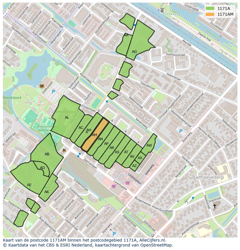 Afbeelding van het postcodegebied 1171 AM op de kaart.