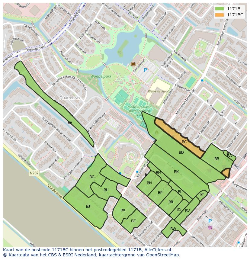 Afbeelding van het postcodegebied 1171 BC op de kaart.