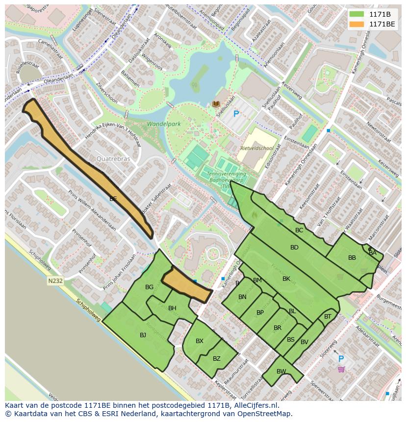 Afbeelding van het postcodegebied 1171 BE op de kaart.