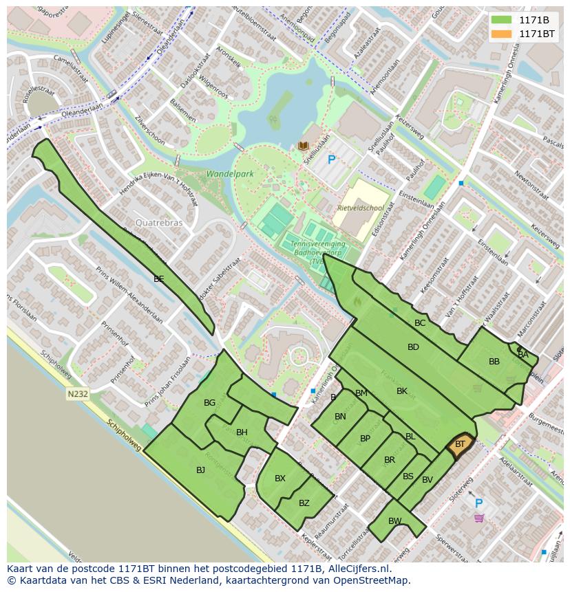 Afbeelding van het postcodegebied 1171 BT op de kaart.