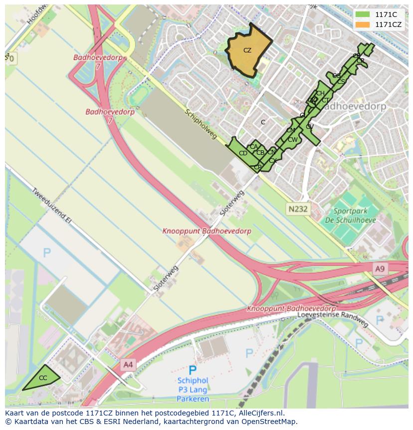 Afbeelding van het postcodegebied 1171 CZ op de kaart.