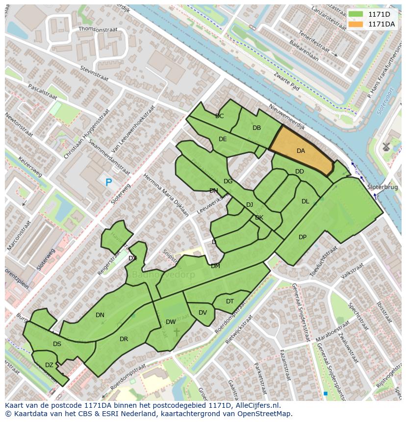 Afbeelding van het postcodegebied 1171 DA op de kaart.