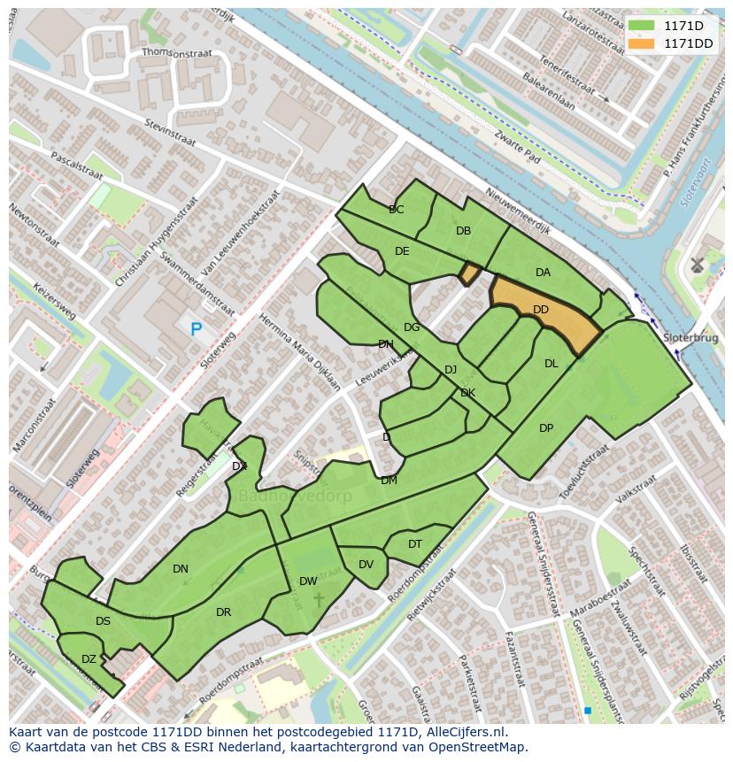 Afbeelding van het postcodegebied 1171 DD op de kaart.