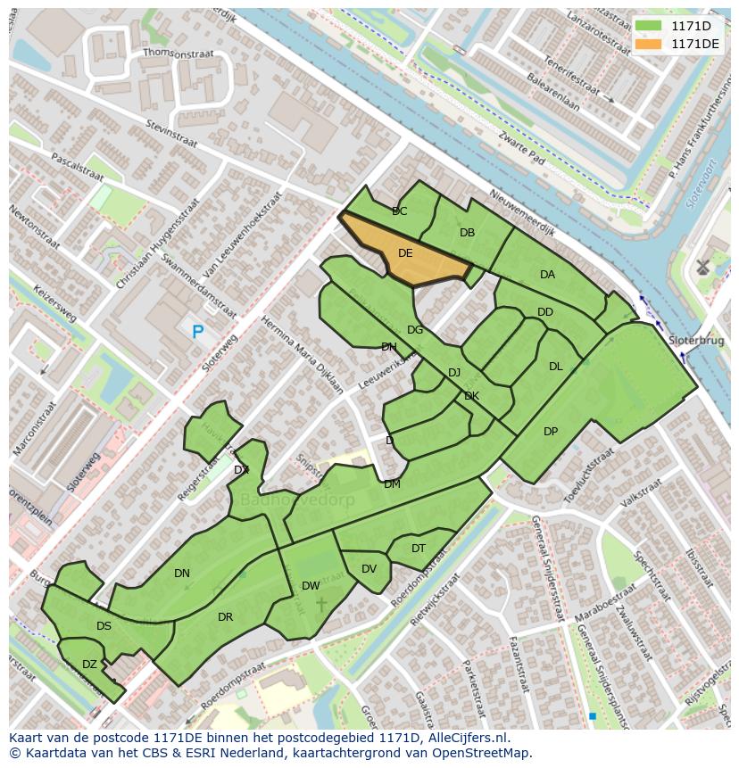 Afbeelding van het postcodegebied 1171 DE op de kaart.