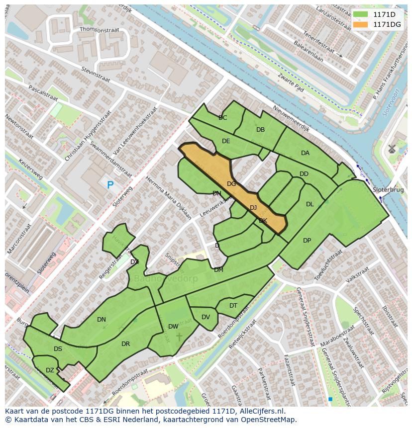 Afbeelding van het postcodegebied 1171 DG op de kaart.