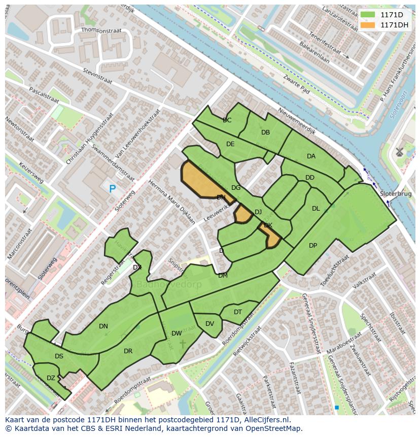 Afbeelding van het postcodegebied 1171 DH op de kaart.