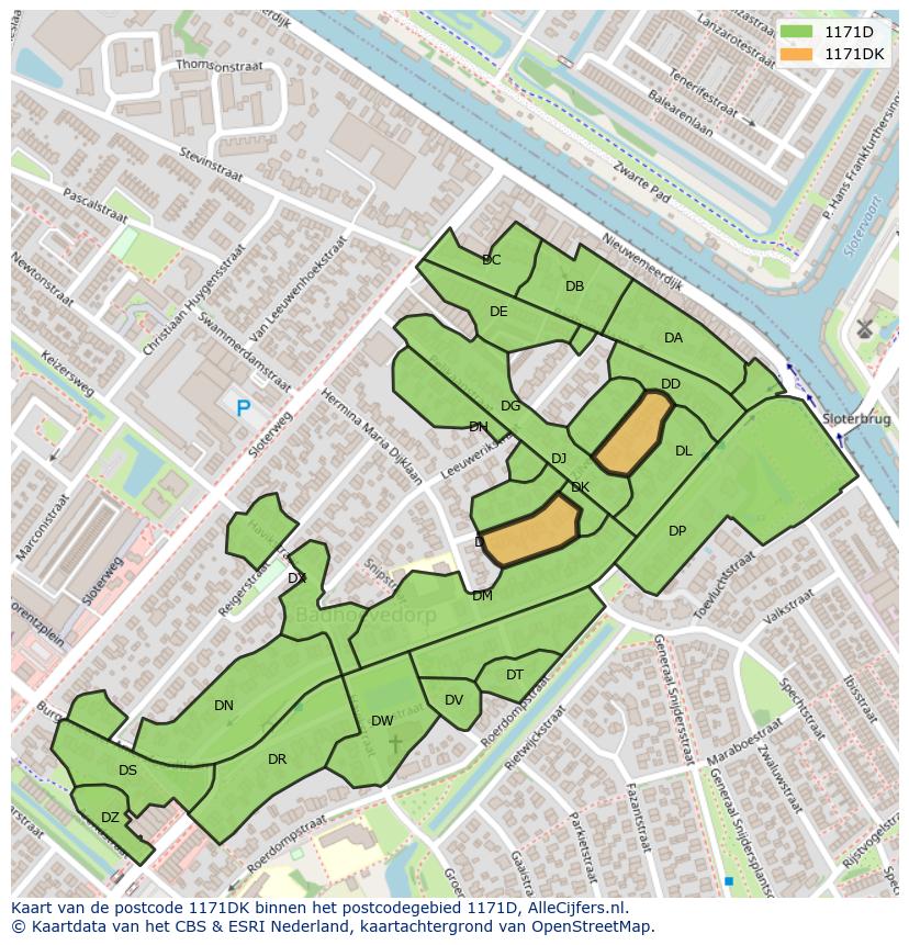 Afbeelding van het postcodegebied 1171 DK op de kaart.