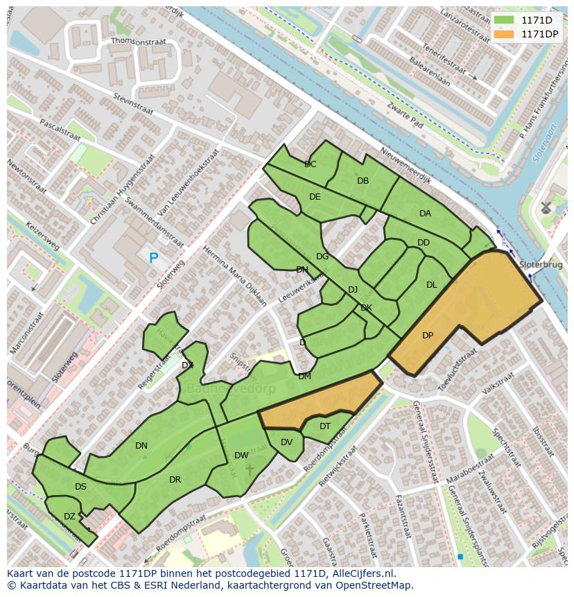 Afbeelding van het postcodegebied 1171 DP op de kaart.