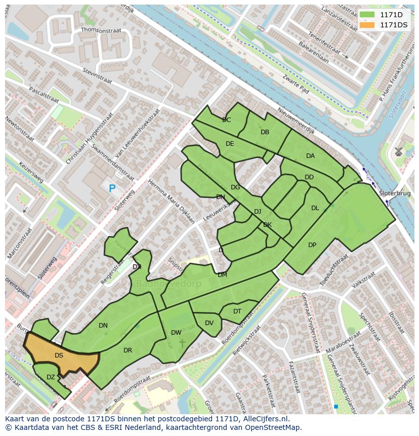 Afbeelding van het postcodegebied 1171 DS op de kaart.