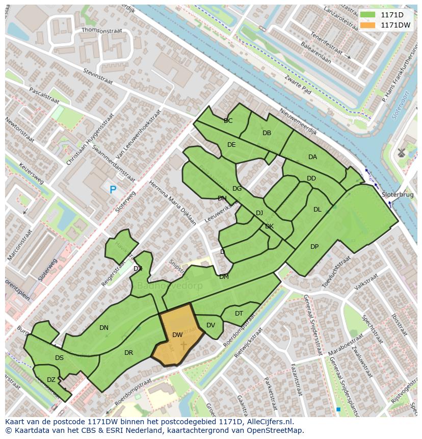 Afbeelding van het postcodegebied 1171 DW op de kaart.