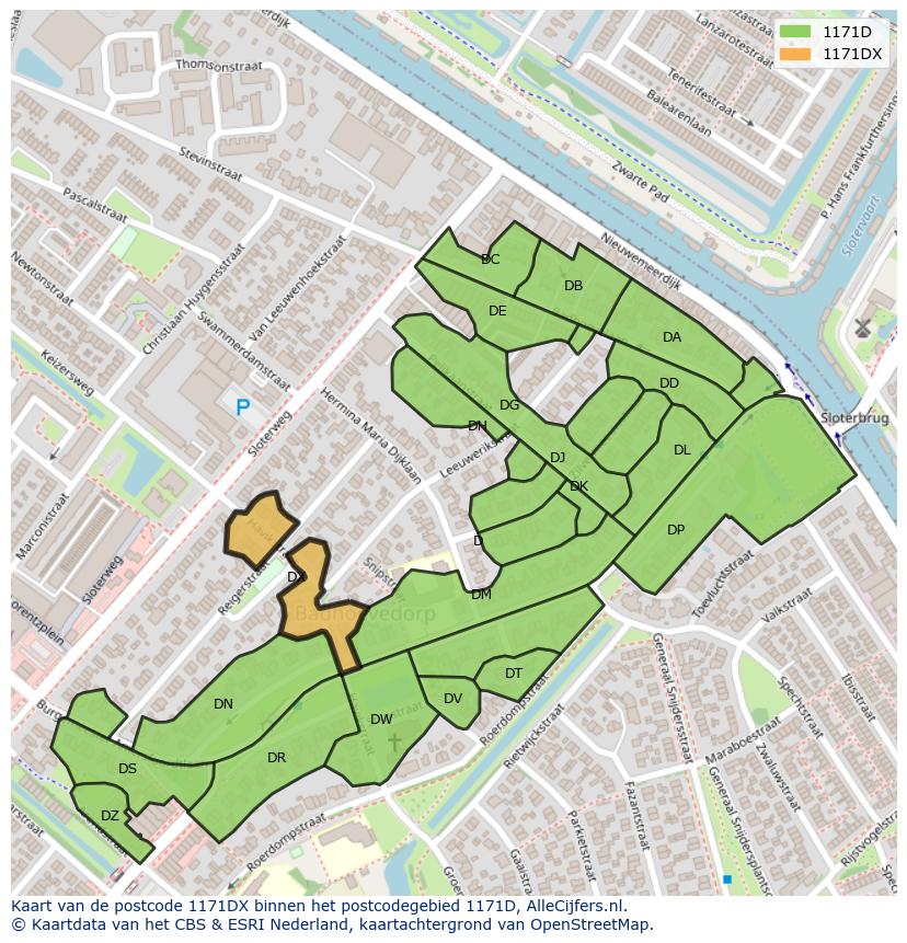 Afbeelding van het postcodegebied 1171 DX op de kaart.