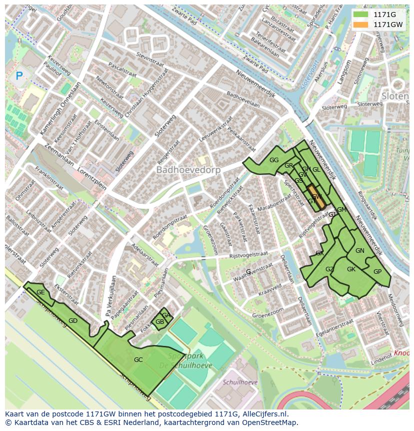 Afbeelding van het postcodegebied 1171 GW op de kaart.