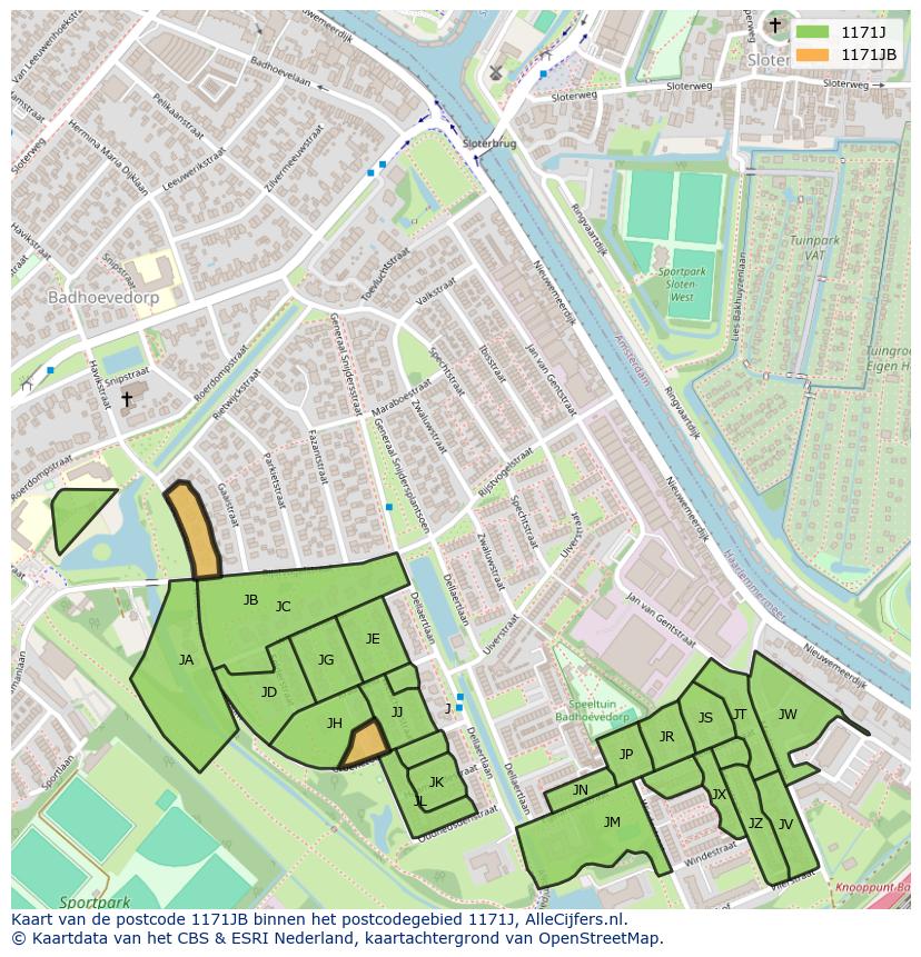 Afbeelding van het postcodegebied 1171 JB op de kaart.