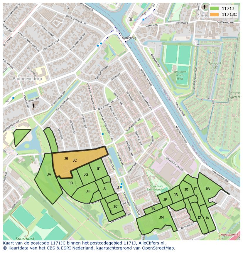 Afbeelding van het postcodegebied 1171 JC op de kaart.