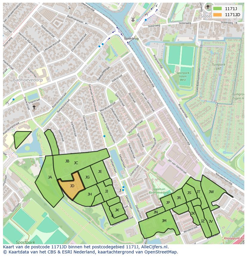 Afbeelding van het postcodegebied 1171 JD op de kaart.