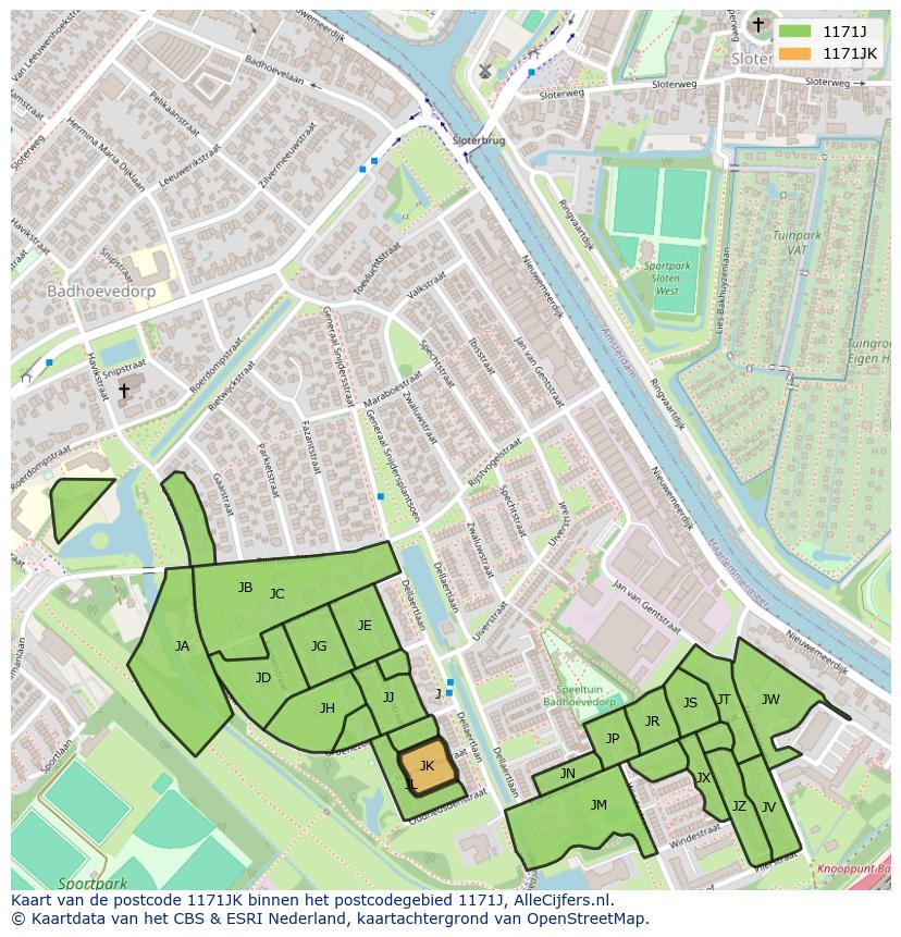 Afbeelding van het postcodegebied 1171 JK op de kaart.