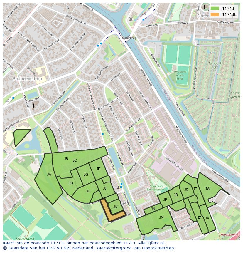 Afbeelding van het postcodegebied 1171 JL op de kaart.
