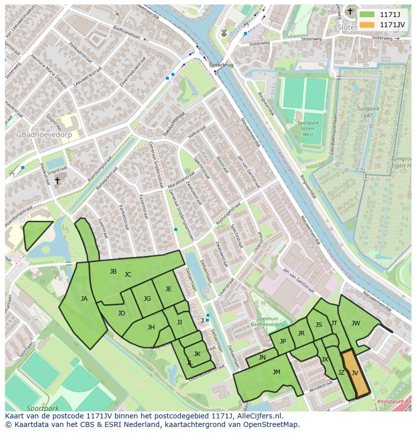 Afbeelding van het postcodegebied 1171 JV op de kaart.
