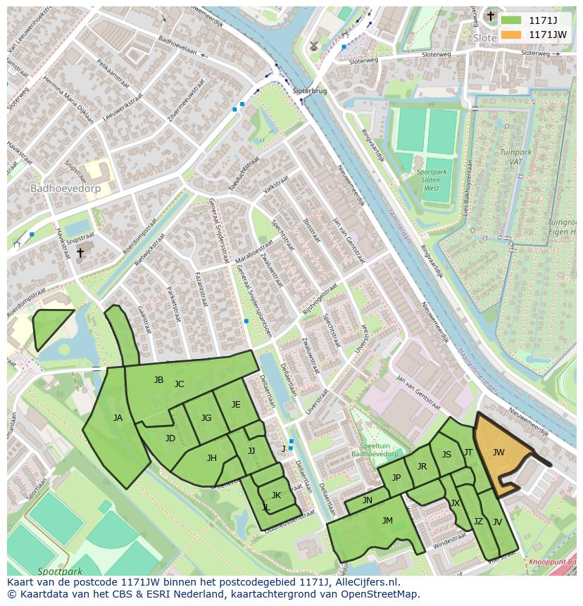 Afbeelding van het postcodegebied 1171 JW op de kaart.