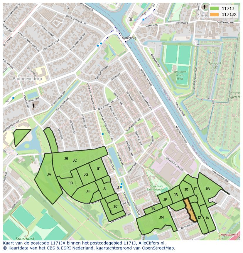 Afbeelding van het postcodegebied 1171 JX op de kaart.