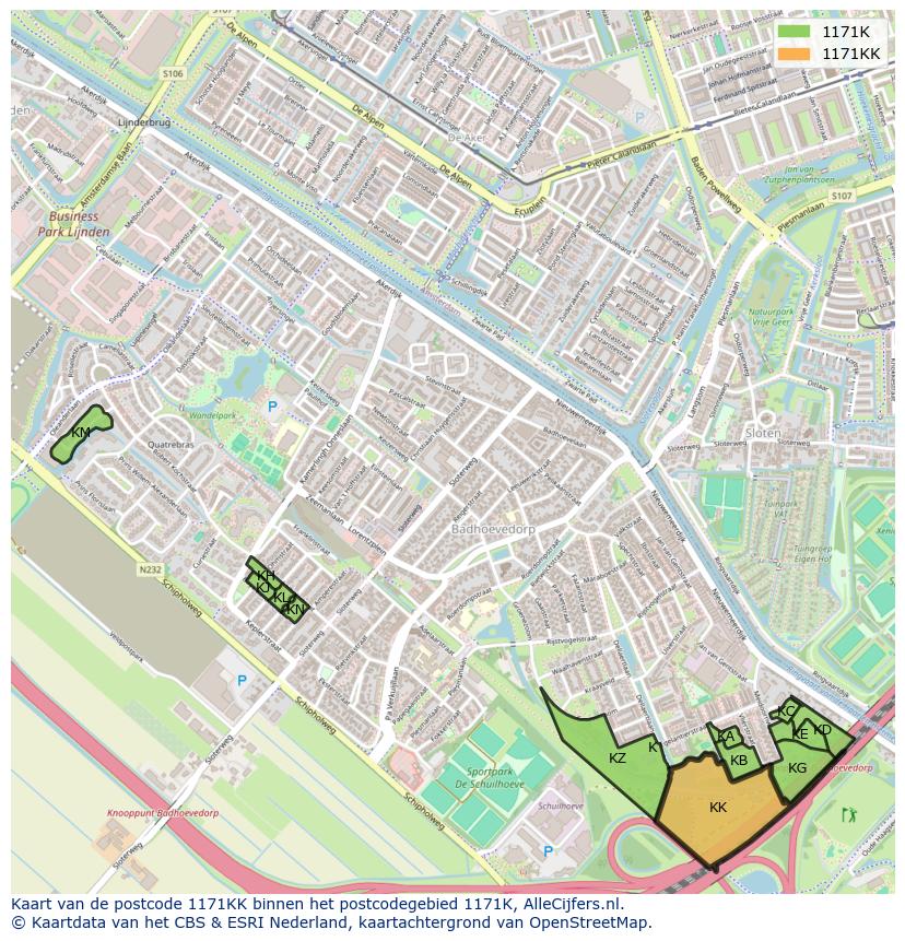 Afbeelding van het postcodegebied 1171 KK op de kaart.