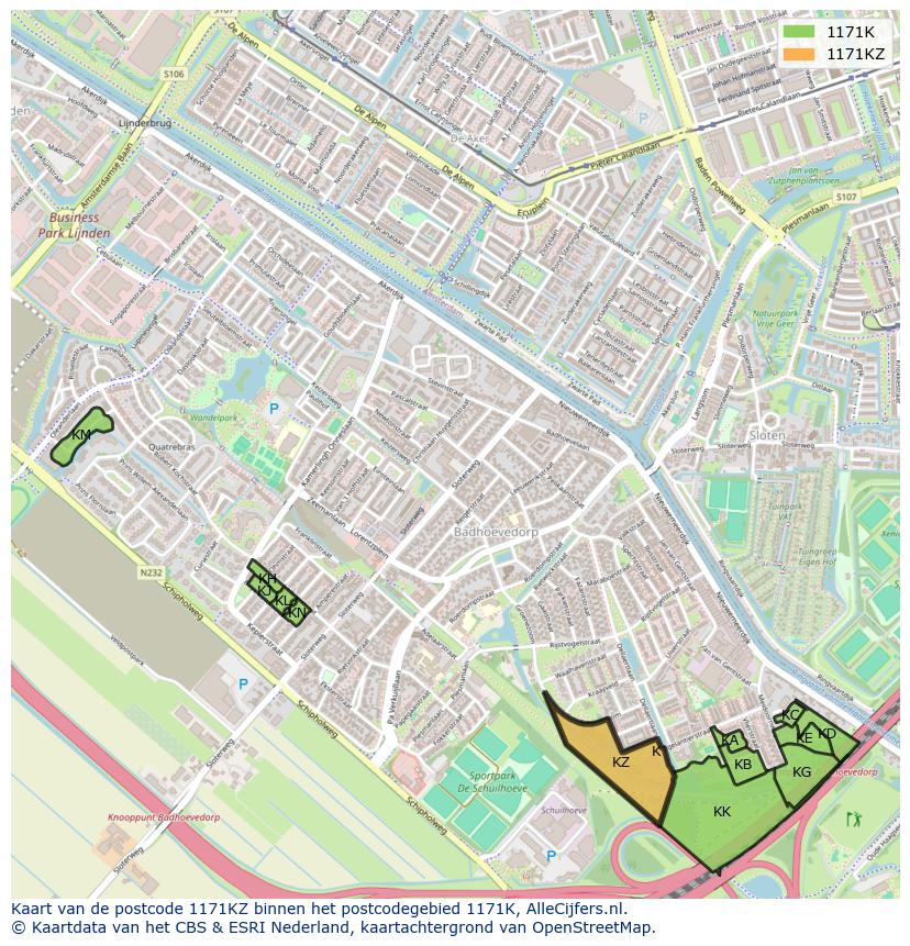 Afbeelding van het postcodegebied 1171 KZ op de kaart.