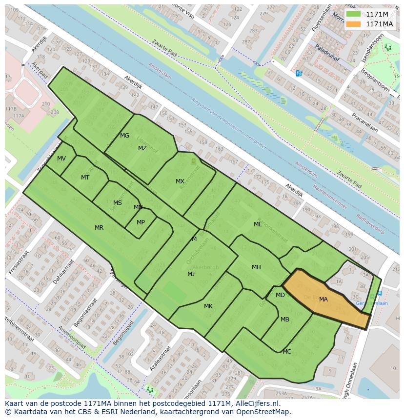 Afbeelding van het postcodegebied 1171 MA op de kaart.