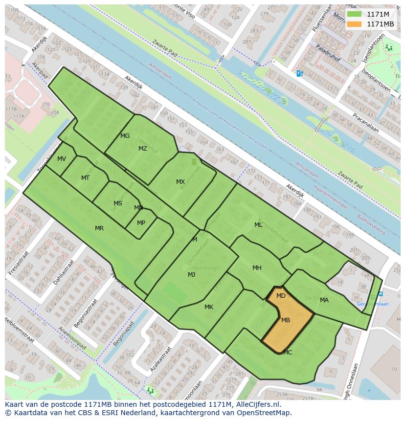 Afbeelding van het postcodegebied 1171 MB op de kaart.