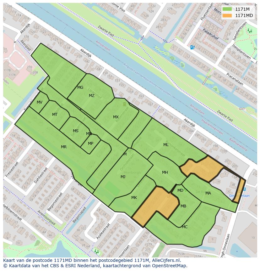 Afbeelding van het postcodegebied 1171 MD op de kaart.