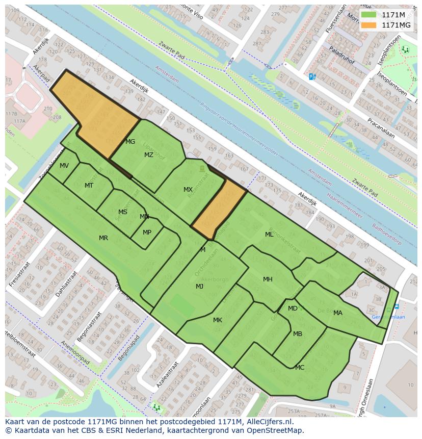 Afbeelding van het postcodegebied 1171 MG op de kaart.
