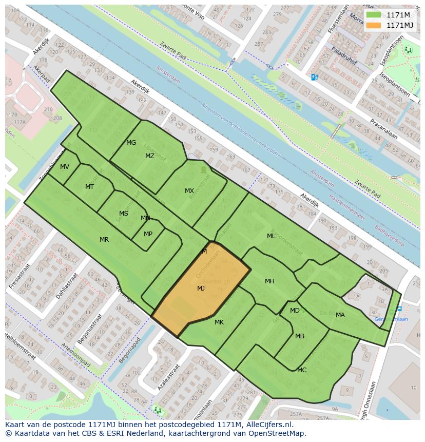 Afbeelding van het postcodegebied 1171 MJ op de kaart.