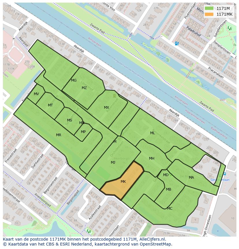 Afbeelding van het postcodegebied 1171 MK op de kaart.