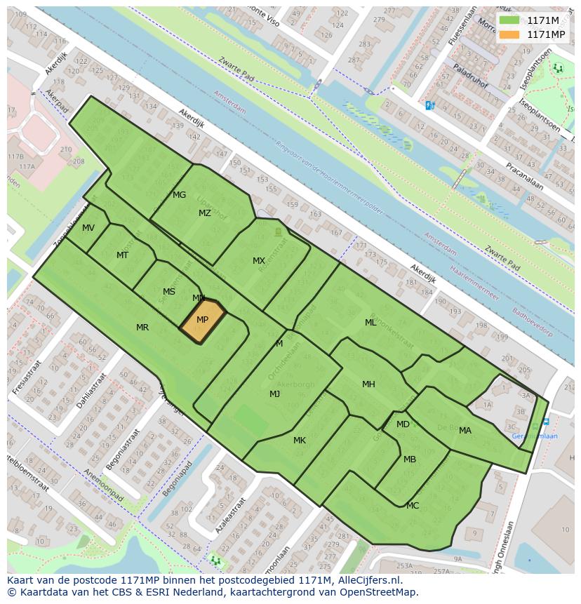 Afbeelding van het postcodegebied 1171 MP op de kaart.