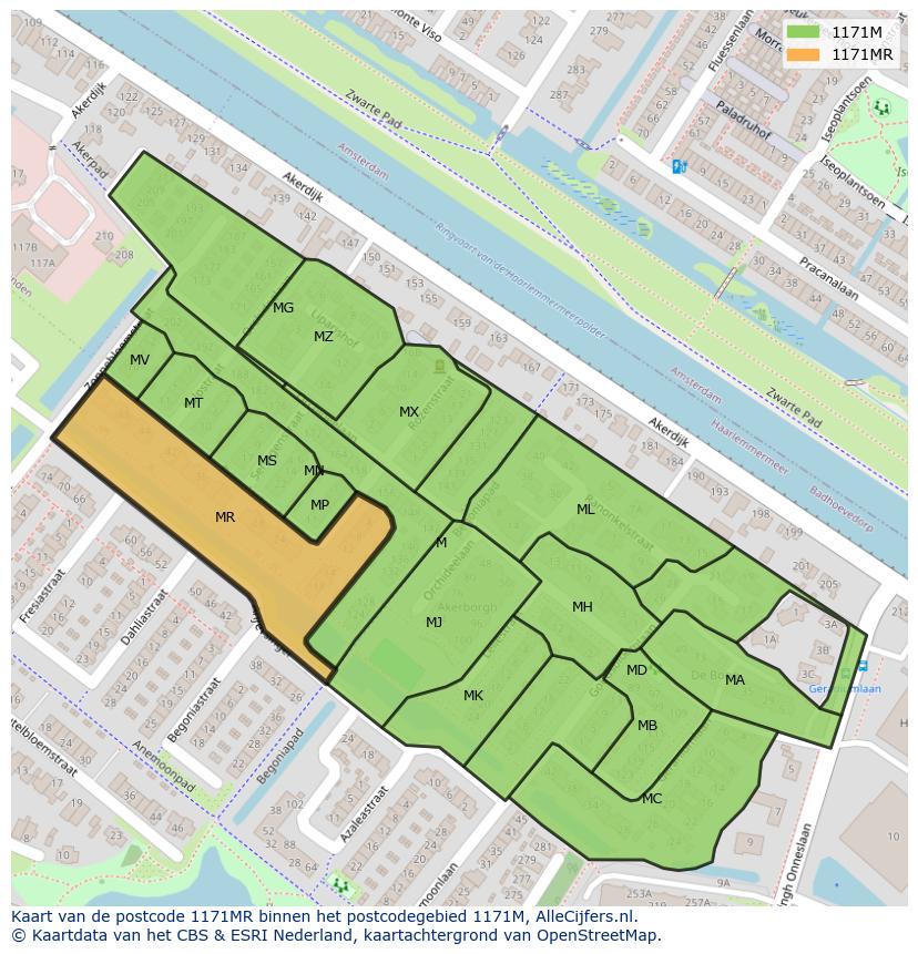 Afbeelding van het postcodegebied 1171 MR op de kaart.