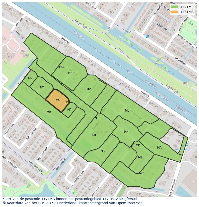 Afbeelding van het postcodegebied 1171 MS op de kaart.