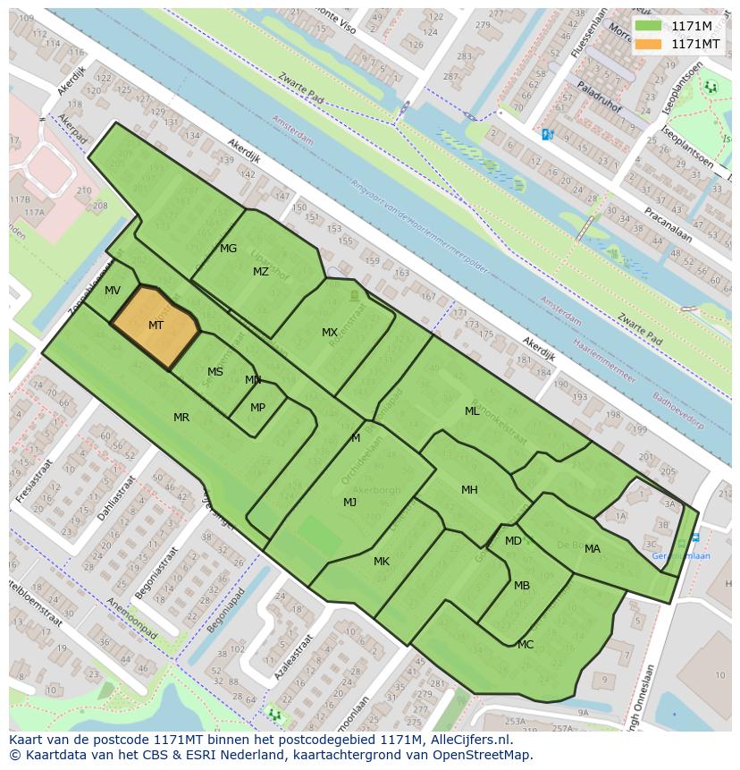 Afbeelding van het postcodegebied 1171 MT op de kaart.