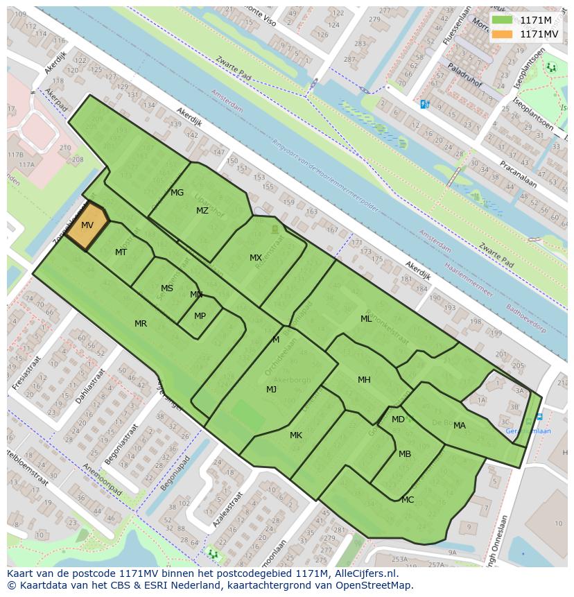 Afbeelding van het postcodegebied 1171 MV op de kaart.