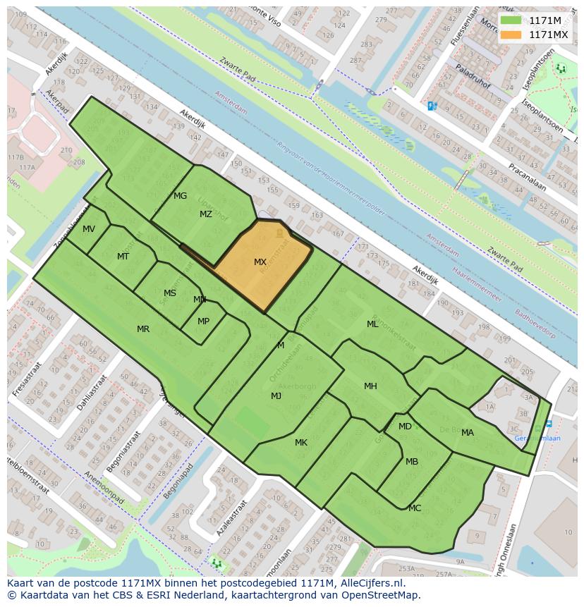 Afbeelding van het postcodegebied 1171 MX op de kaart.