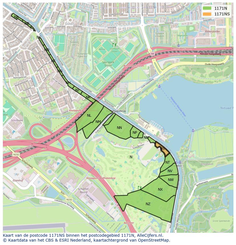 Afbeelding van het postcodegebied 1171 NS op de kaart.