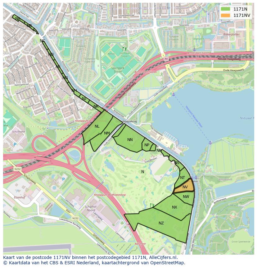 Afbeelding van het postcodegebied 1171 NV op de kaart.