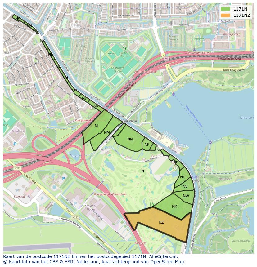Afbeelding van het postcodegebied 1171 NZ op de kaart.