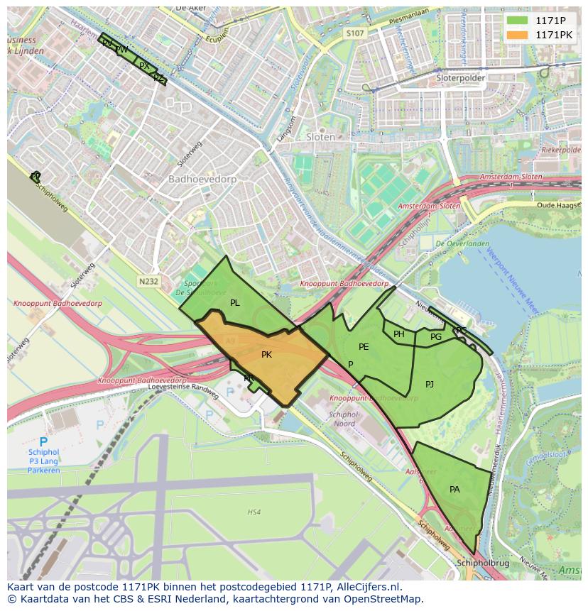 Afbeelding van het postcodegebied 1171 PK op de kaart.