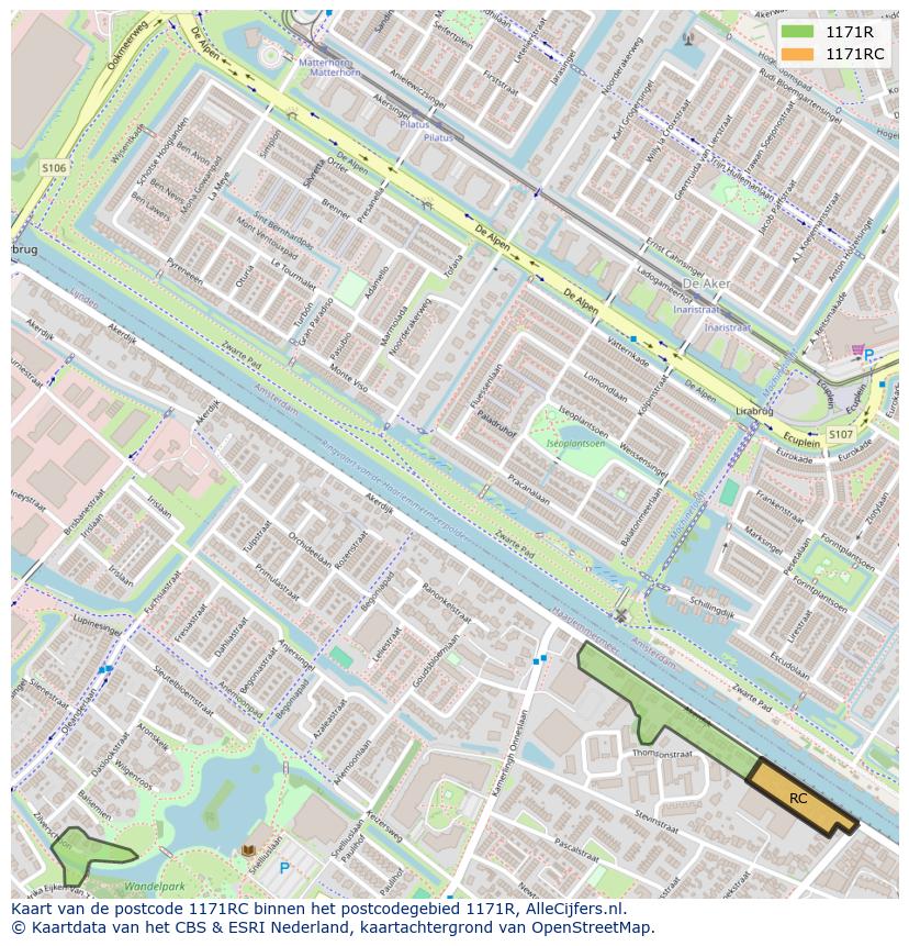 Afbeelding van het postcodegebied 1171 RC op de kaart.