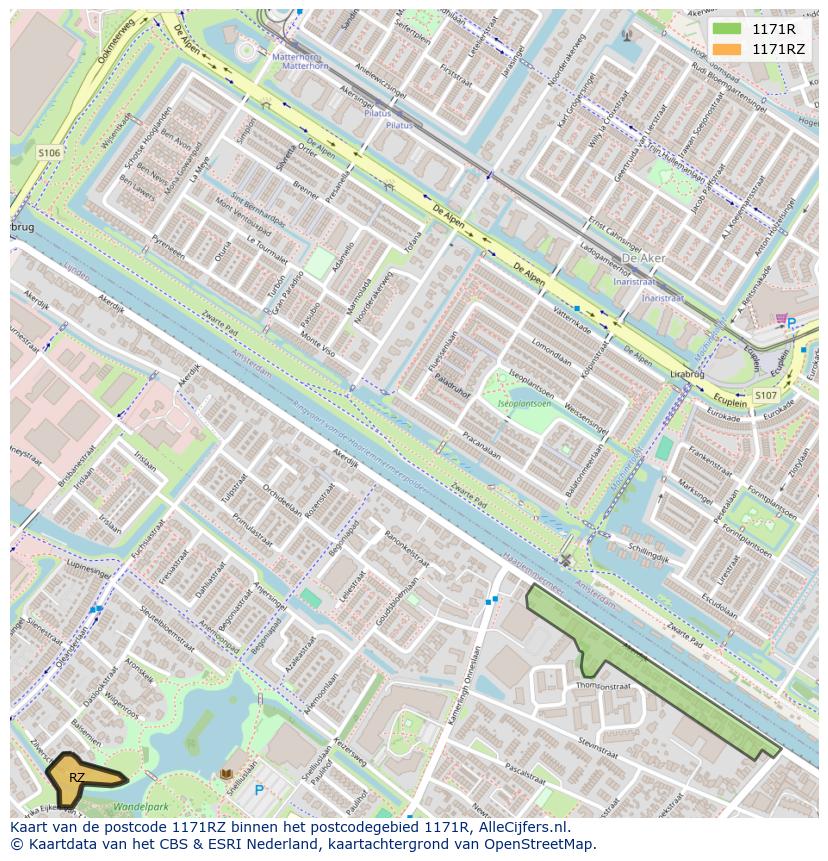 Afbeelding van het postcodegebied 1171 RZ op de kaart.