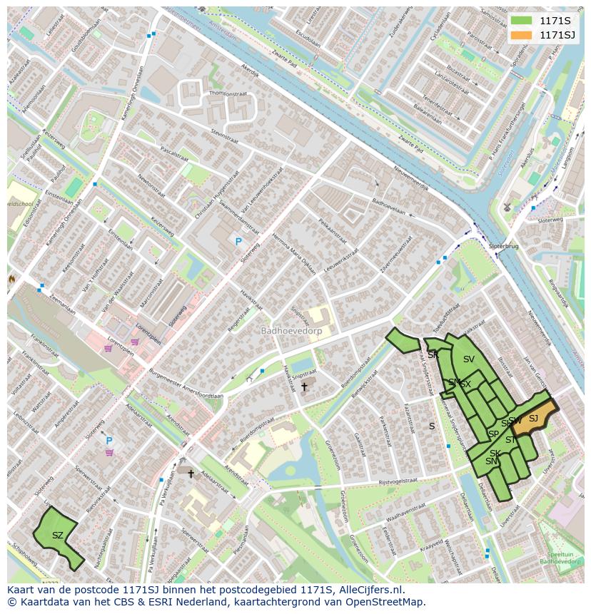 Afbeelding van het postcodegebied 1171 SJ op de kaart.
